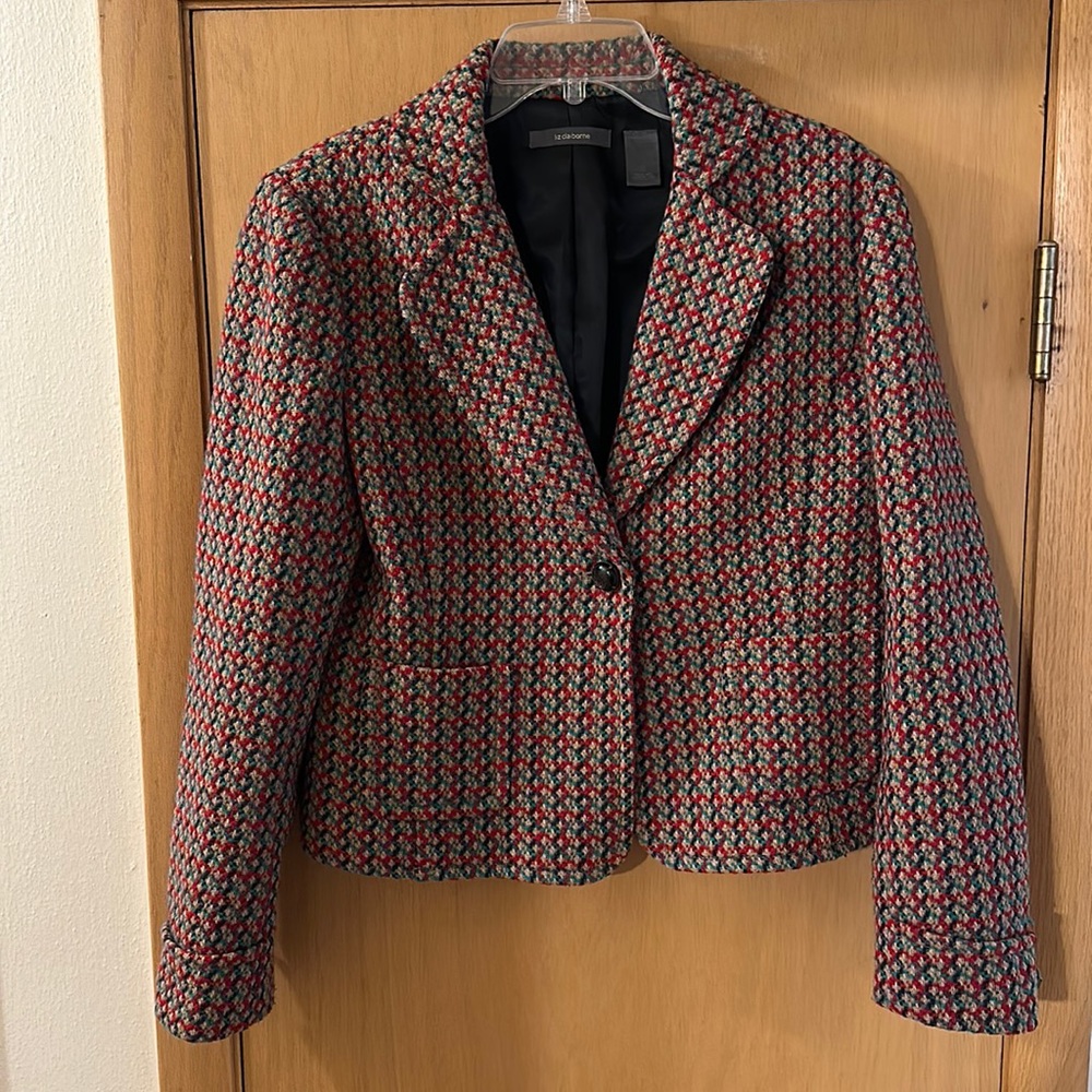 Liz Claiborne Women’s Knit Wool Semi Cropped Blazer Jacket Tan Red Size 12